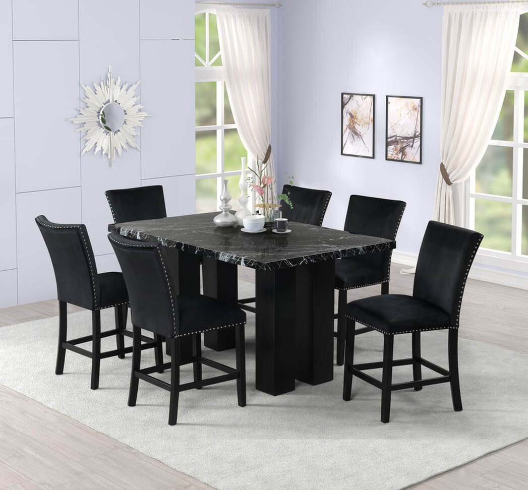 Onyx/Black Velvet 7pc Counter Height Set 2220 (FAUX MARBLE)