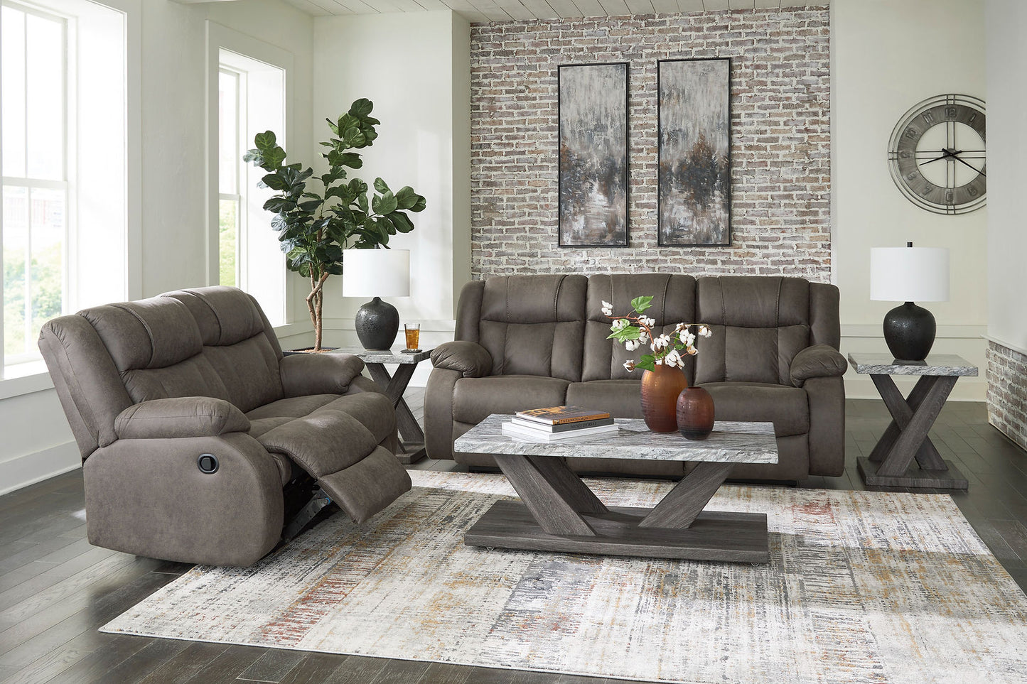 First Base Gunmetal Reclining Sofa and Loveseat 68804