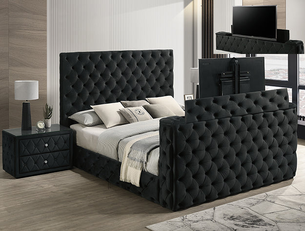 Josephine Black Velvet Queen Bed/TV Lift