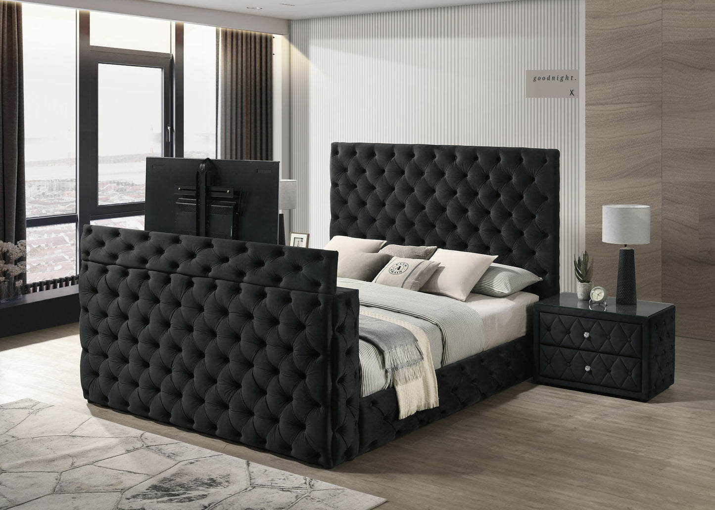 Josephine Black Velvet Queen Bed/TV Lift