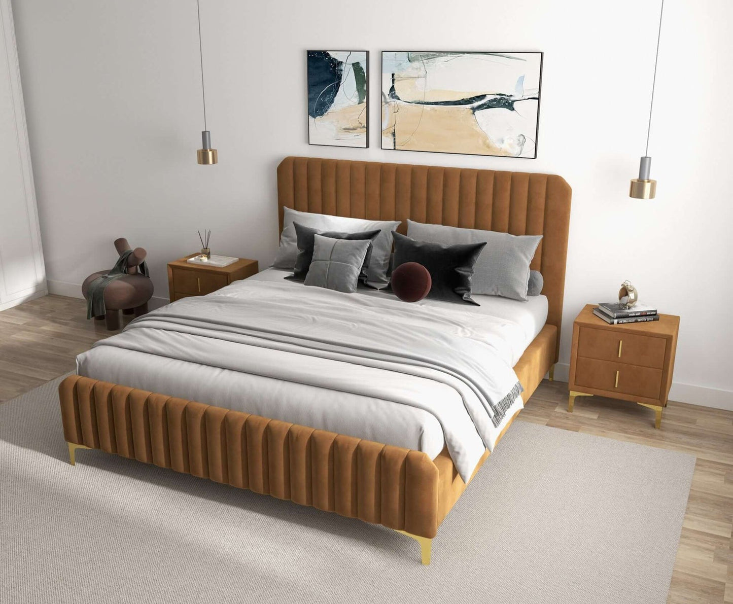 Bethany Cognac Velvet Upholstered Queen Platform Bed