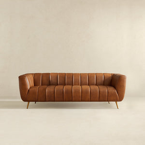 Ava Genuine Italian Tan Leather Channel Tufted Sofa