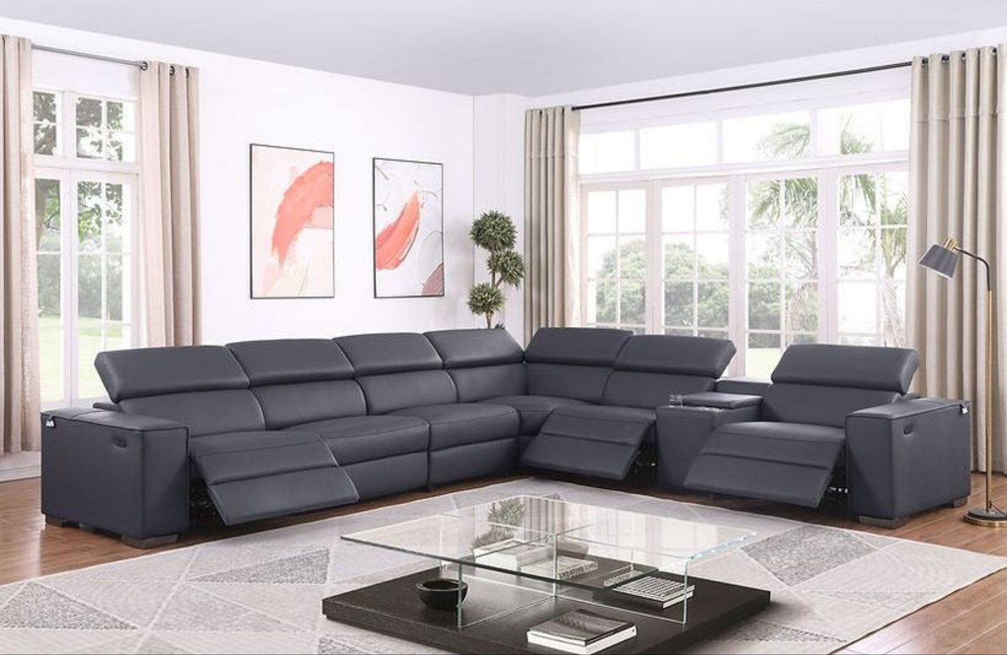 Picasso Dark Grey 3-POWER Leather Match 7pc Sectional MI631