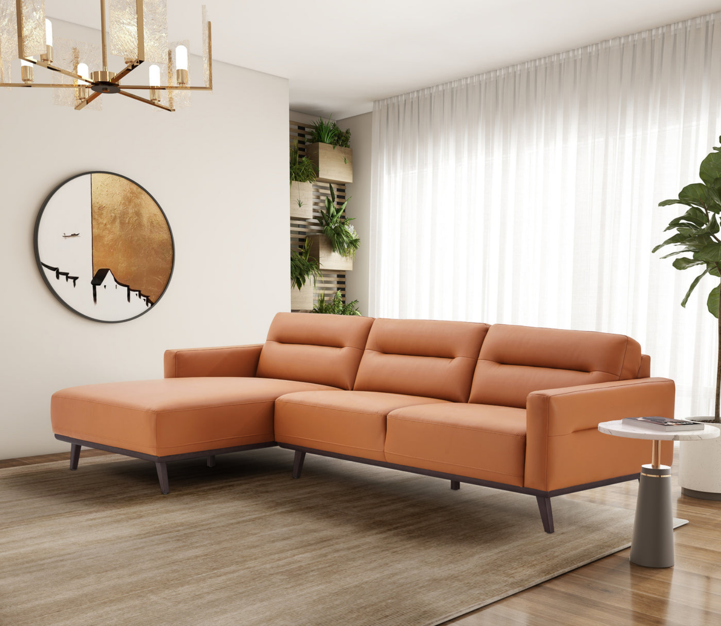 Ella 110" L-Shaped Cognac PU Leather Left Sectional