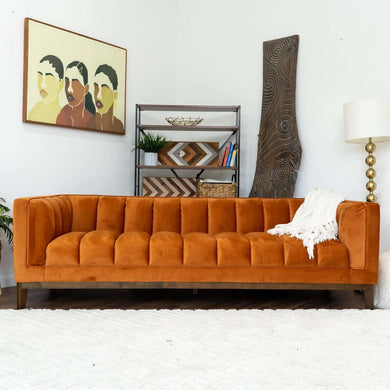 Melissa Mid-Century Modern Orange Velvet Sofa