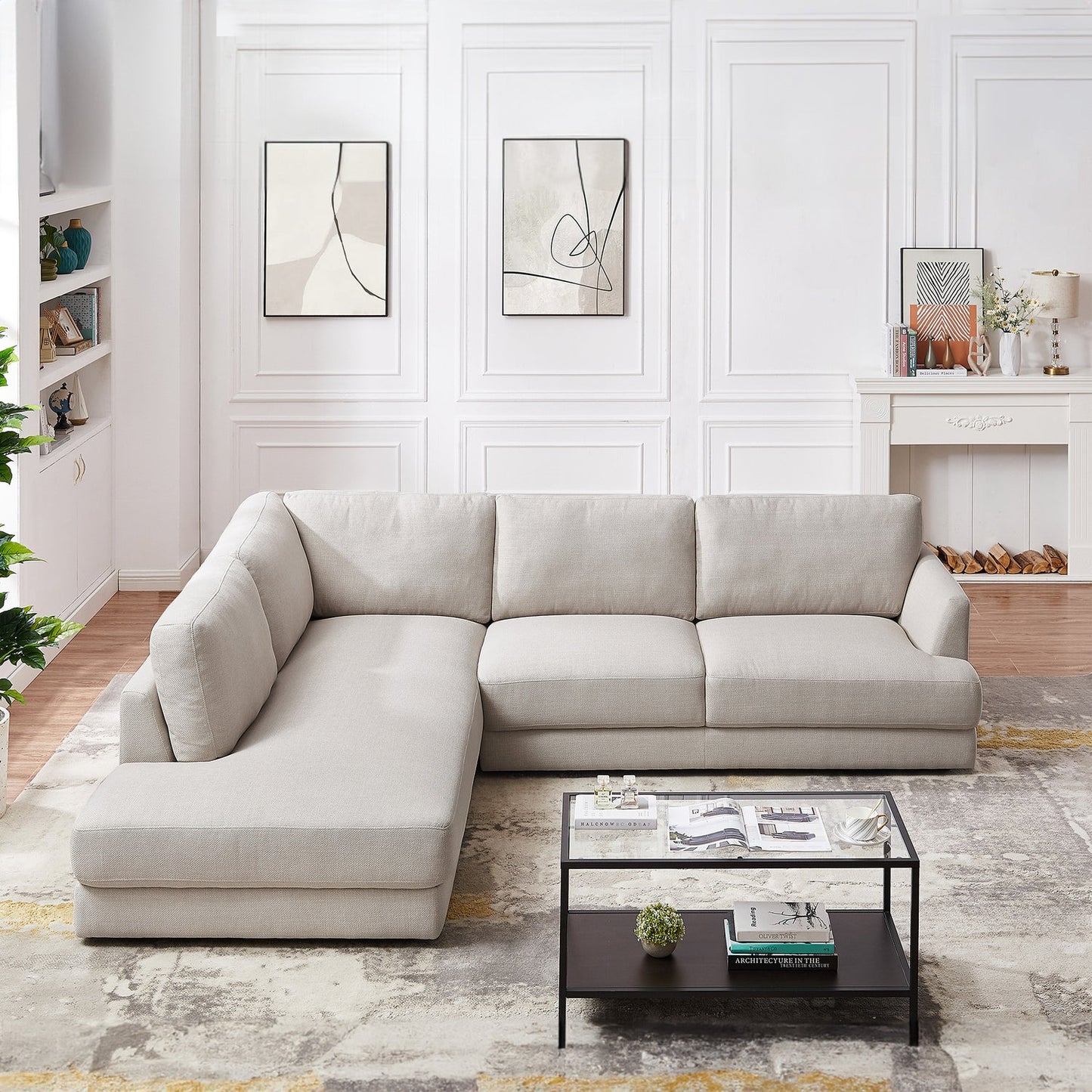 Glander 108" Cream Linen Sectional Sofa Right Facing