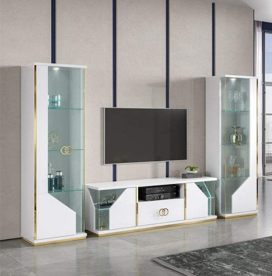 Vogue White TV Stand & Tall Cabinet