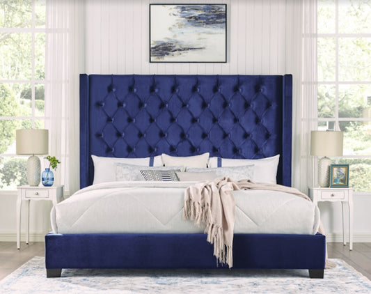 Franco Blue Velvet King Upholstered Bed SH229