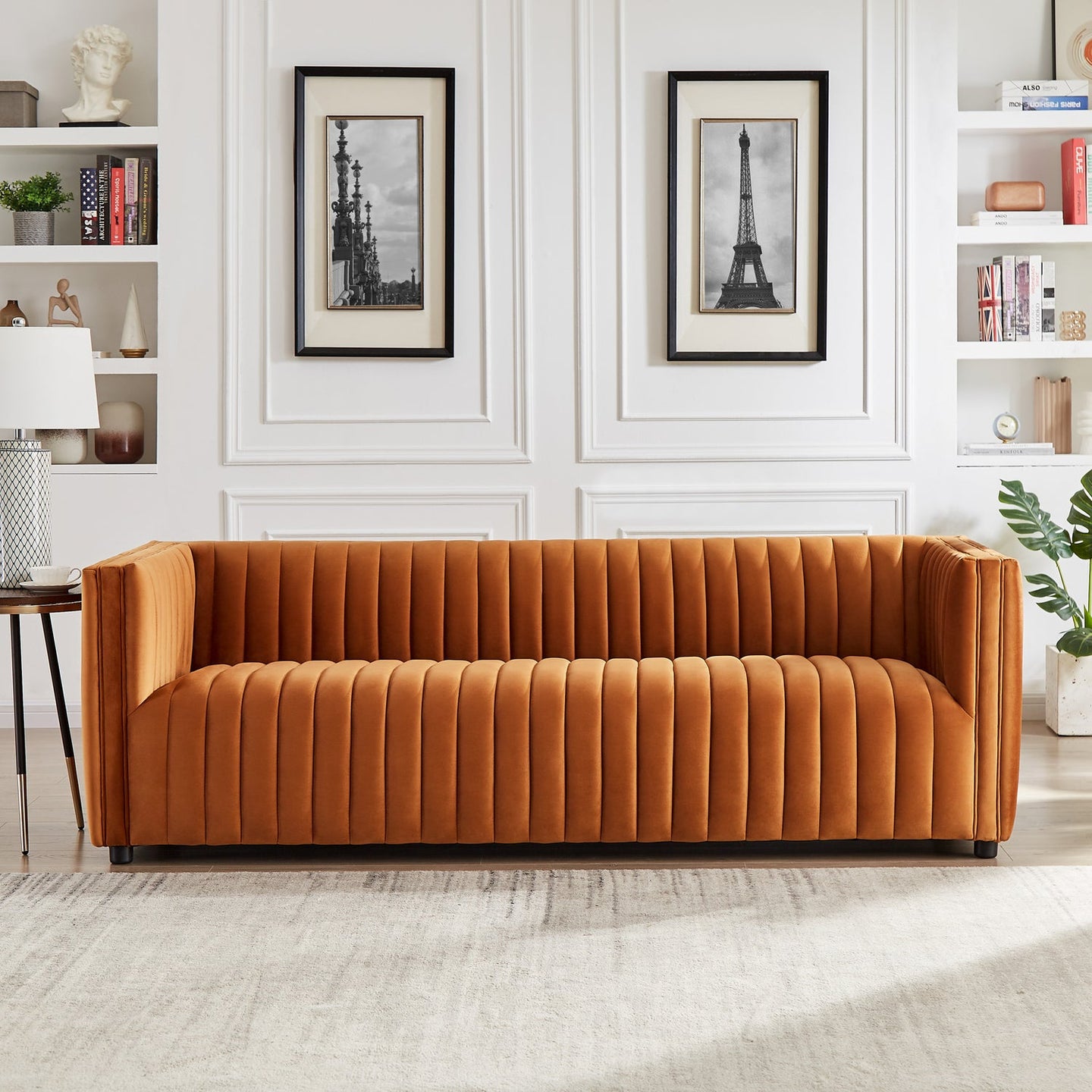 Dominic Channel Tufted Orange Velvet Sofa