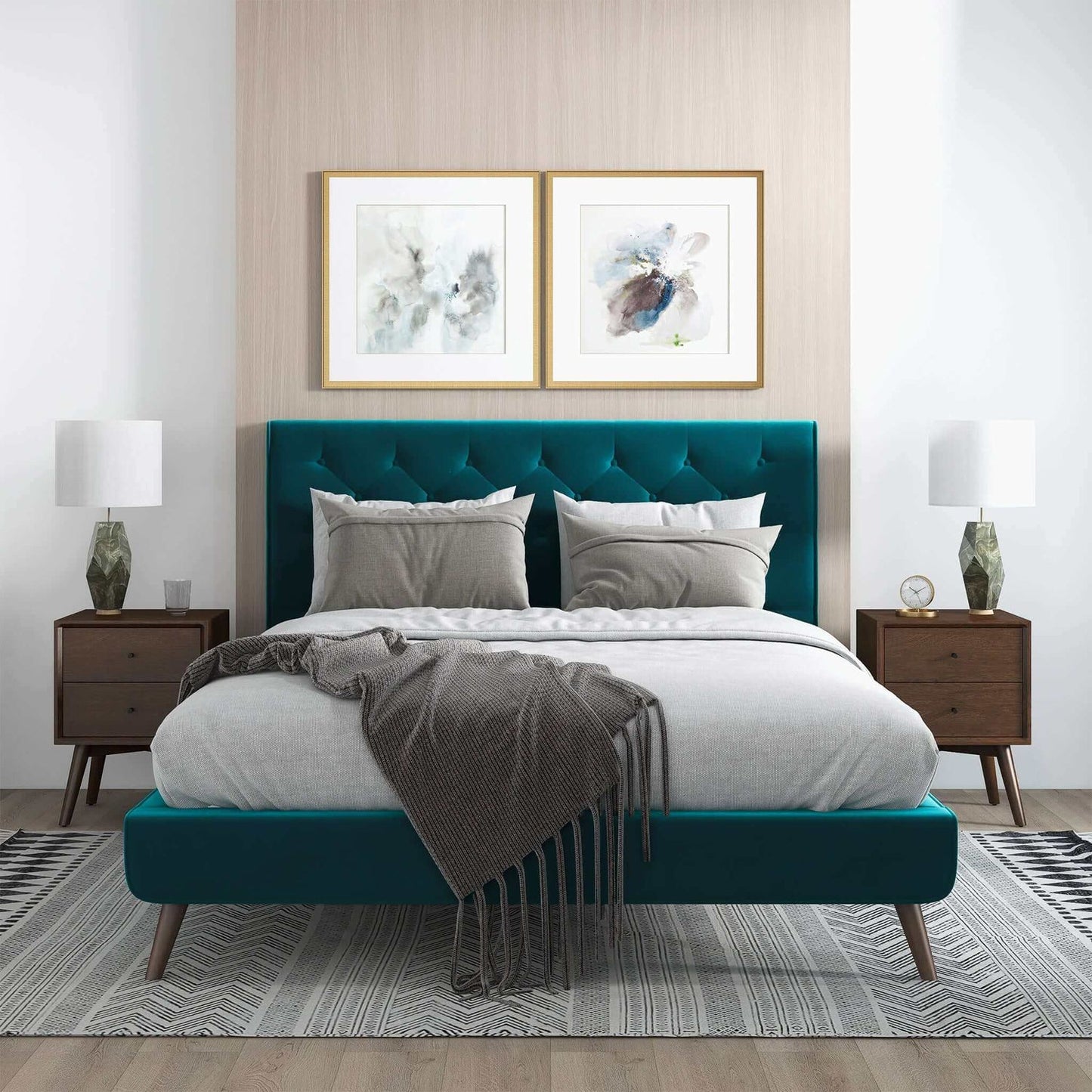 Dillon Mid-Century Modern Teal Velvet King Platform Bed