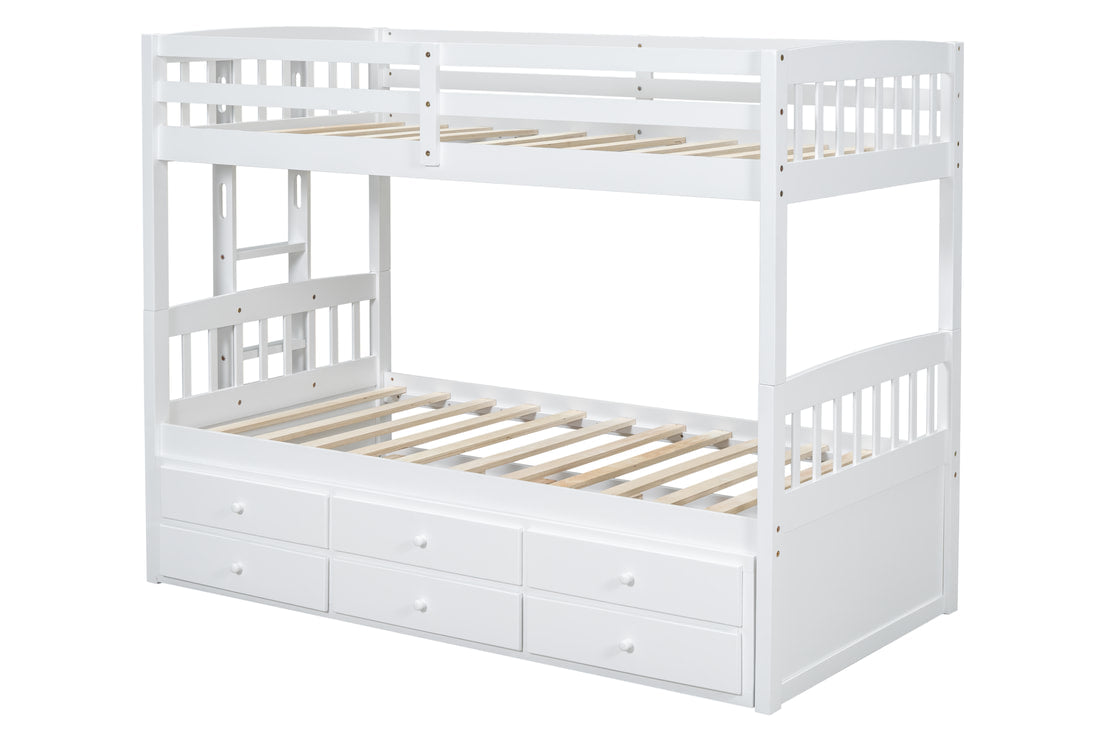 BB41 TWIN/TWIN White Bunk Bed w/Twin Trundle + 3 Drawers