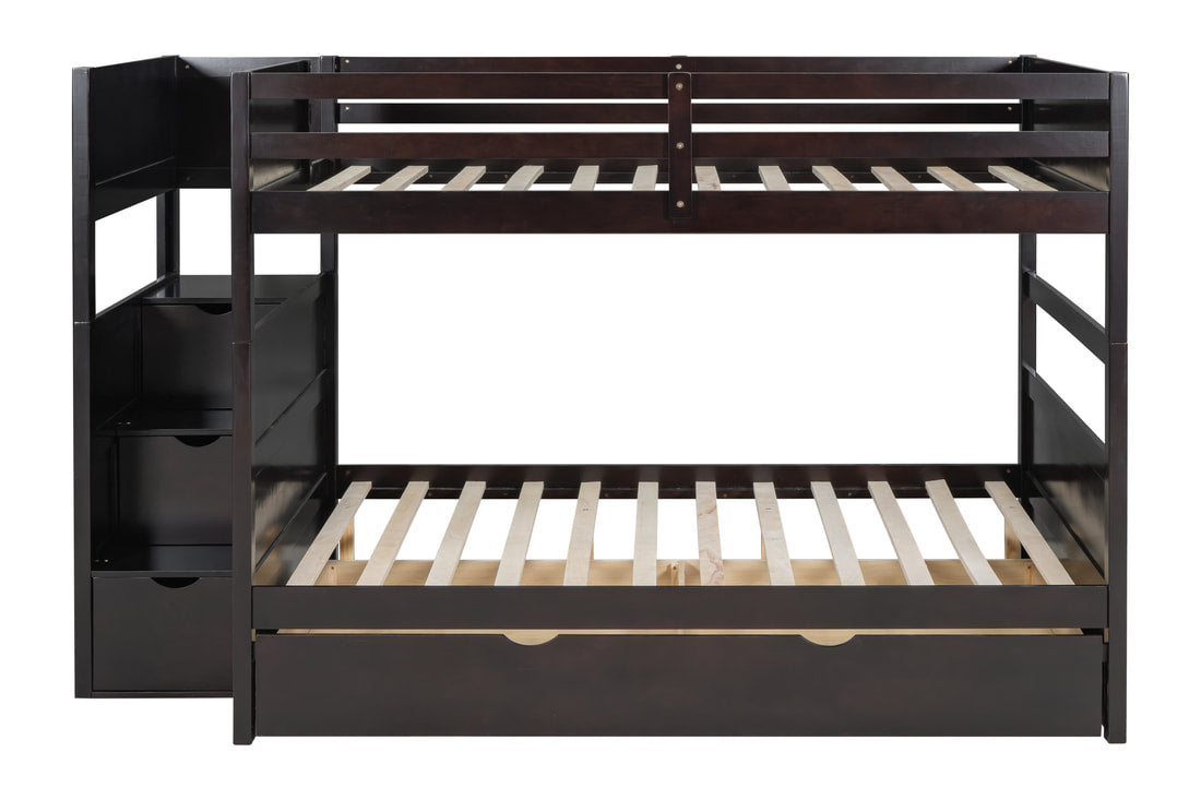 BB50 FULL/FULL Espresso Bunk Bed w/Twin Trundle + Staircase Storage
