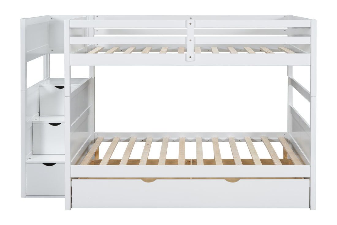 BB51 FULL/FULL White Bunk Bed w/Twin Trundle + Staircase Storage