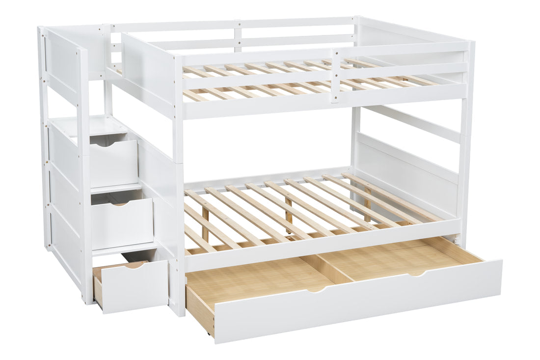 BB51 FULL/FULL White Bunk Bed w/Twin Trundle + Staircase Storage