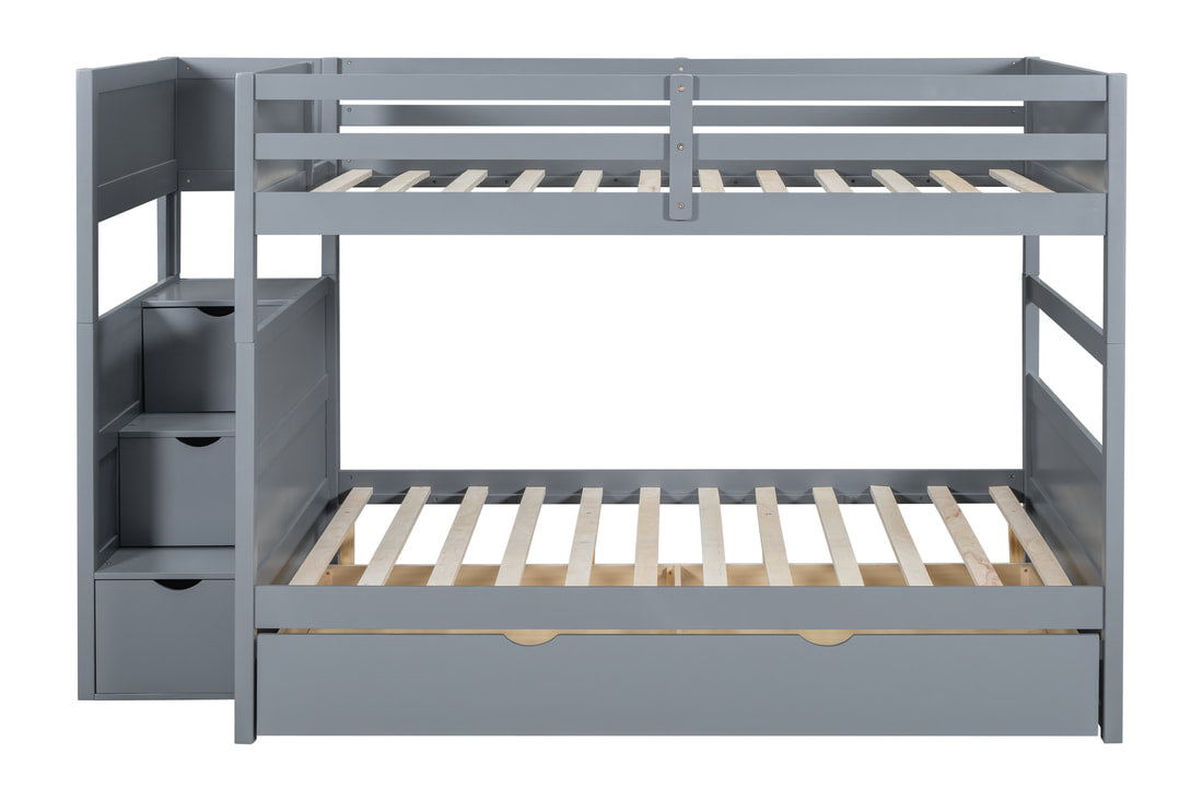 BB53 FULL/FULL Gray Bunk Bed w/Twin Trundle + Staircase Storage