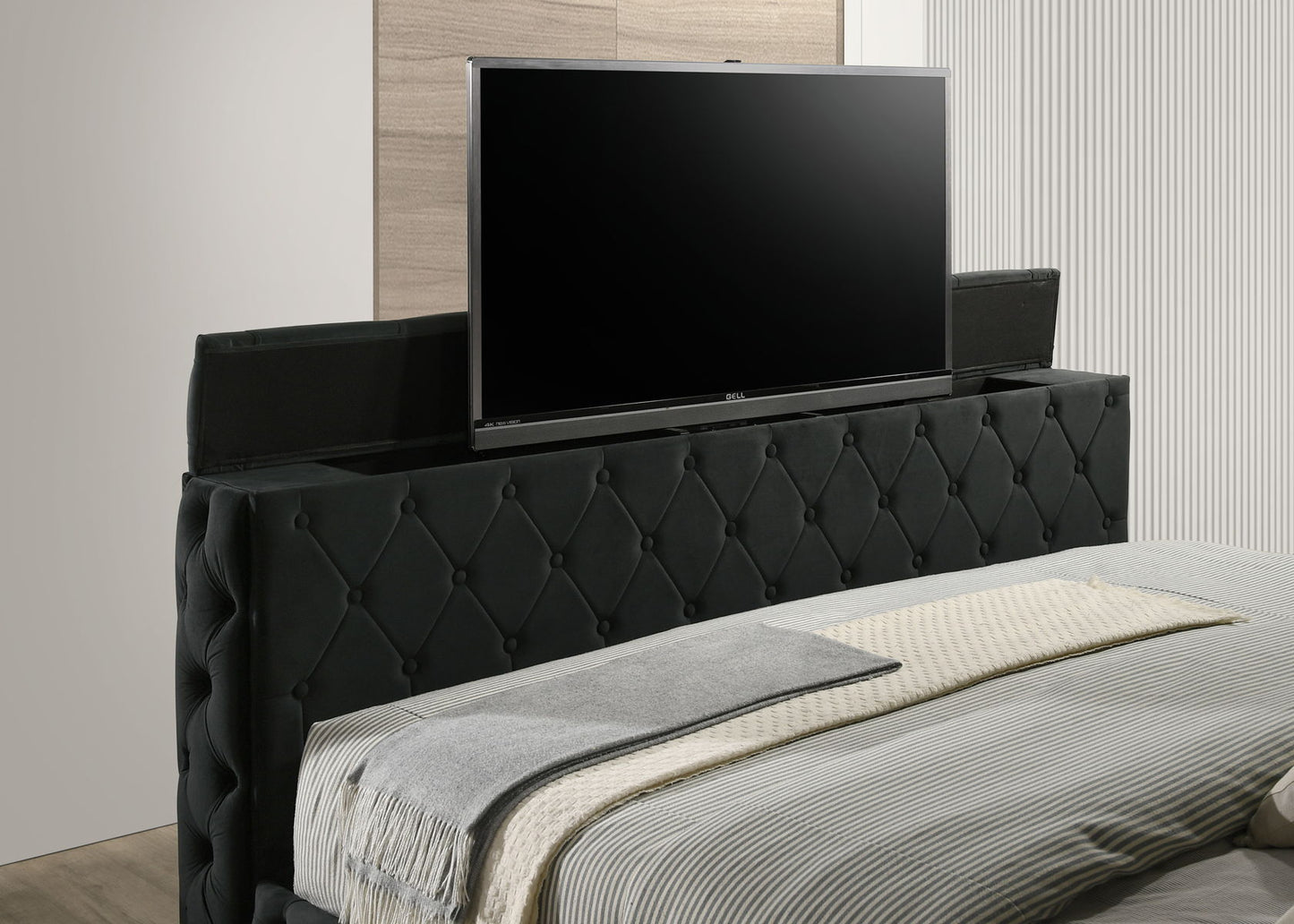 Josephine Black Velvet Queen Bed/TV Lift