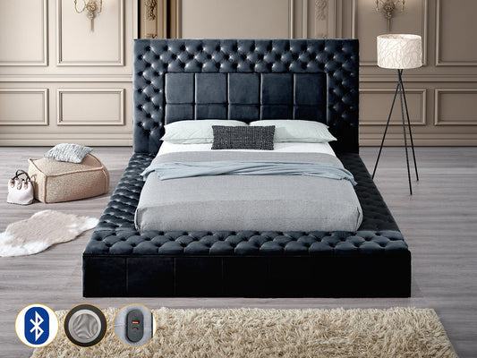 Emerald Black BLUETOOTH SPEAKERS/STORAGE Queen Platform Bed B9015
