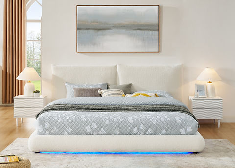 Zima White Fabric LED King Platform Bed B200