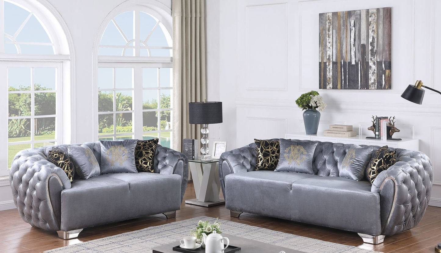 Mila Grey Velvet Sofa and Loveseat S2004