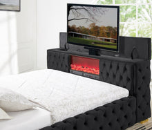 Load image into Gallery viewer, Future Black Velvet FIREPLACE/BLUETOOTH SPEAKERS/TV STAND Platform Bed