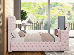 Future Pink Velvet FIREPLACE/BLUETOOTH SPEAKERS/TV STAND Platform Bed