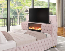 Load image into Gallery viewer, Future Pink Velvet FIREPLACE/BLUETOOTH SPEAKERS/TV STAND Platform Bed