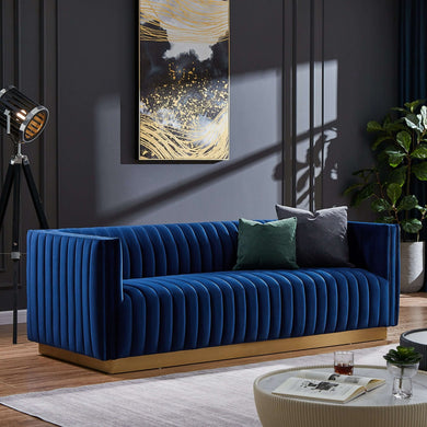Marcus Mid-Century Modern Luxury Tight Back Blue Velvet Couch