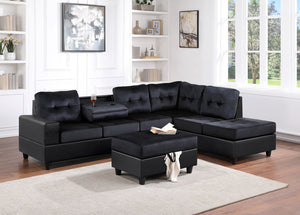 Heights Black Velvet & PU Reversible Sectional with Storage Ottoman