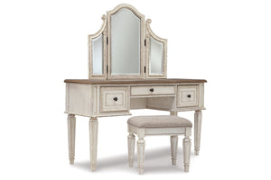 Realyn Two-tone Vanity and Mirror with Stool
