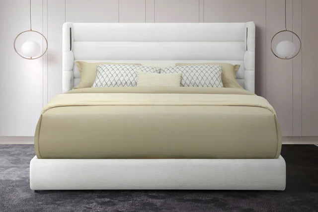 Hero White Boucle King BLUETOOTH SPEAKERS Platform Bed