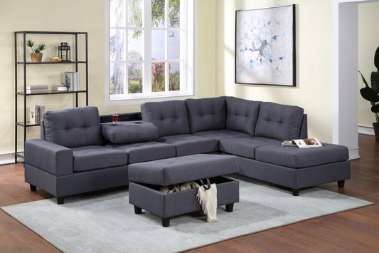 Heights32 Gray Linen Reversible Sectional with Storage Ottoman