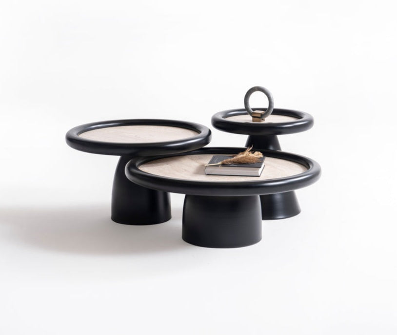 950 Black Travertine 3pc Coffee Table Set