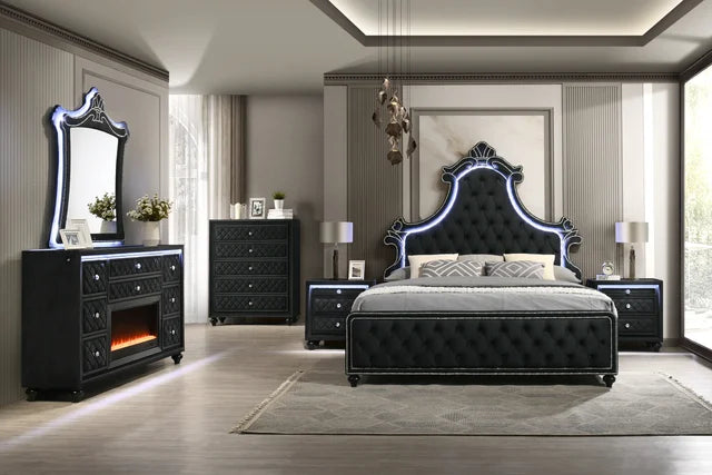 Majesty Black Velvet FIREPLACE/LED Platform Bedroom Set