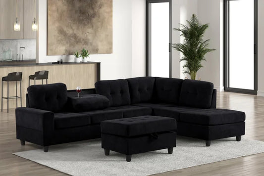 Heights40 Black Linen Reversible Sectional with Storage Ottoman
