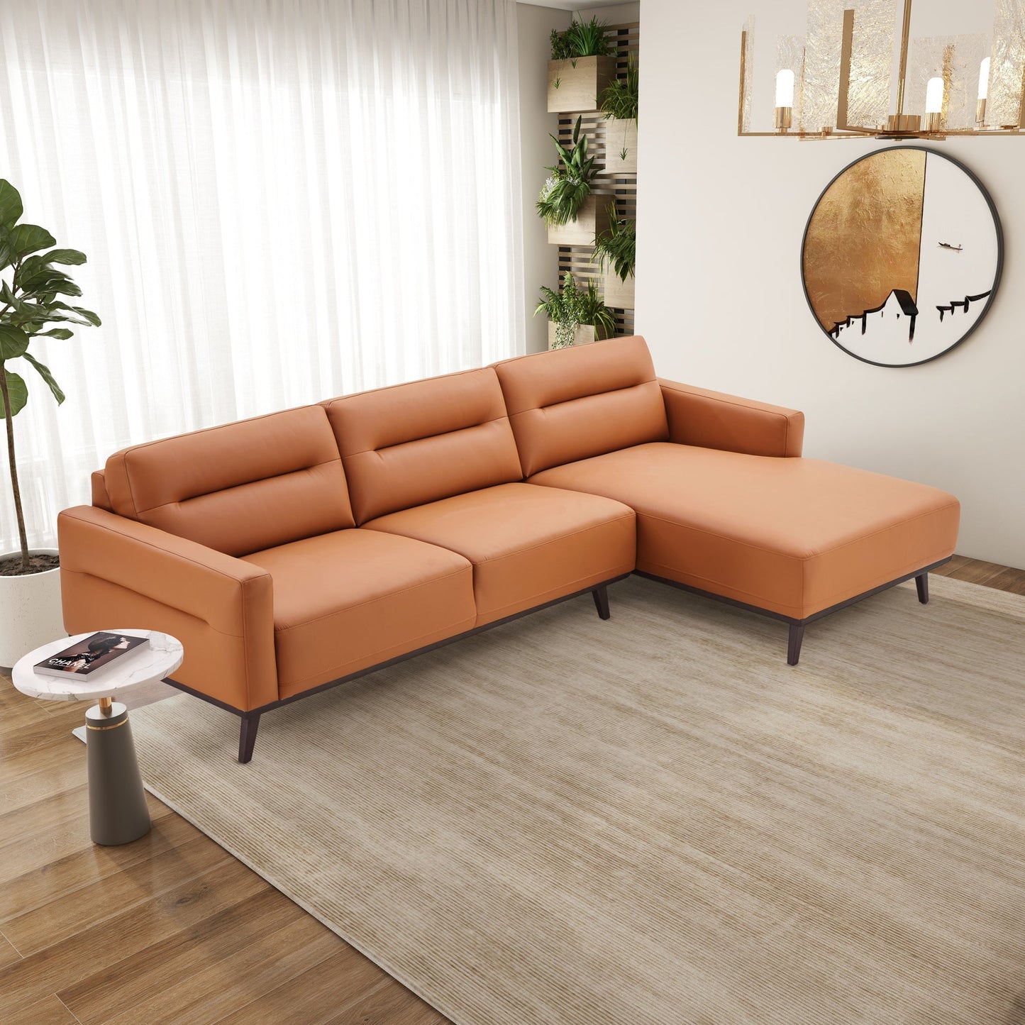 Ella 110" L-Shaped Cognac PU Leather Right Sectional