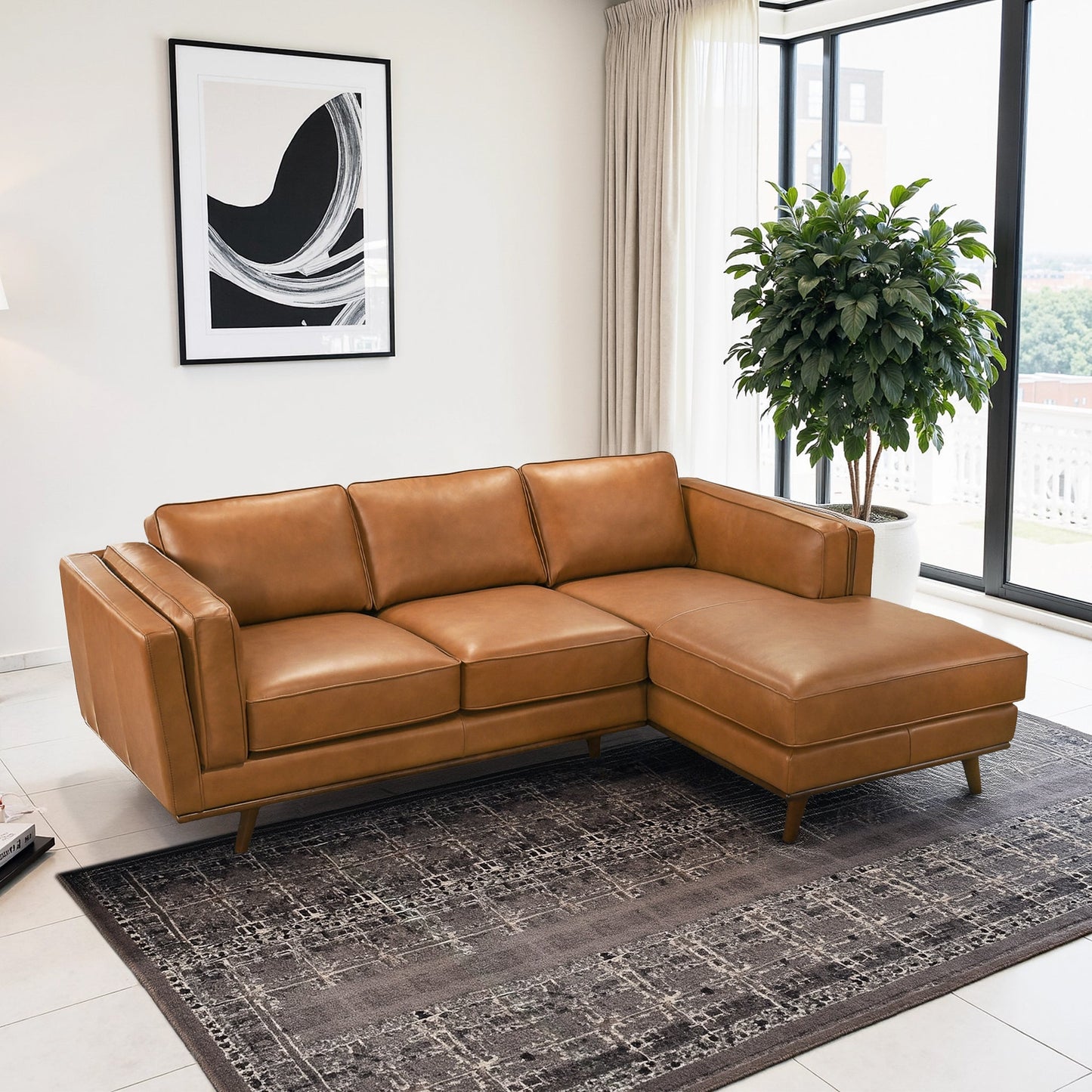 Chase 92" Tan Genuine Leather RAF Sectional
