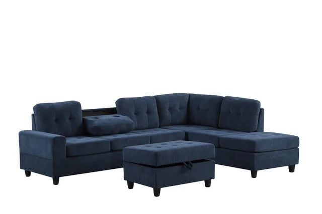Heights44 Navy Velvet Reversible Sectional with Storage Ottoman