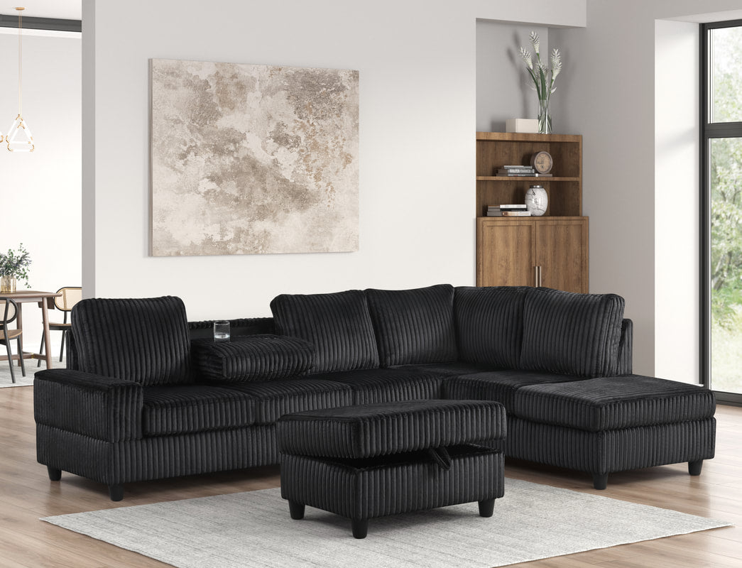 Heights48 Cord Black Reversible Sectional with Storage Ottoman