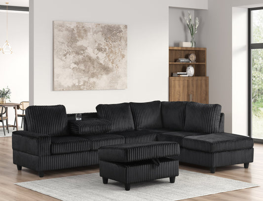 Heights48 Cord Black Reversible Sectional with Storage Ottoman