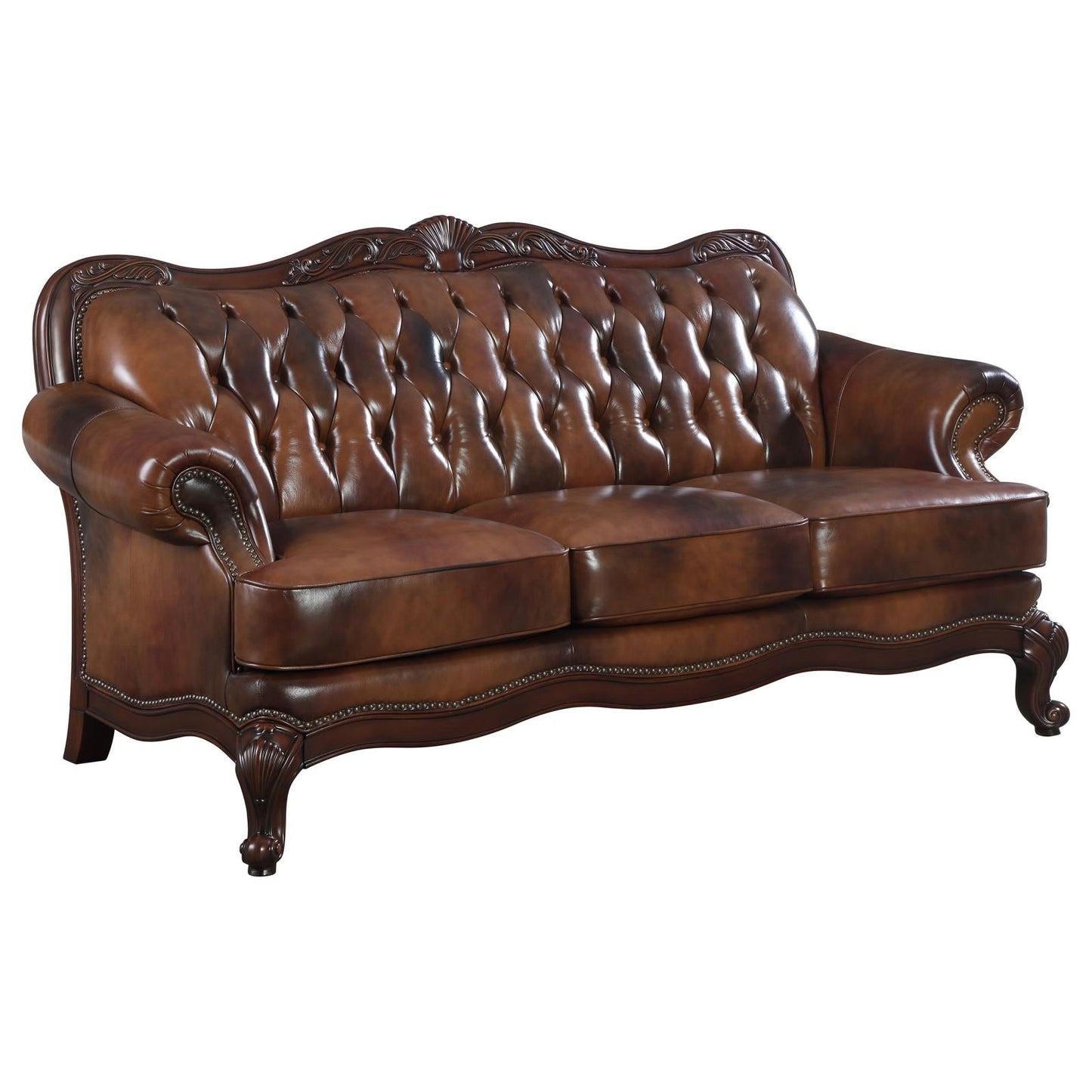 Victoria Brown Upholstered Tufted TOP GRAIN LEATHER Living Room Set 50068 981-03