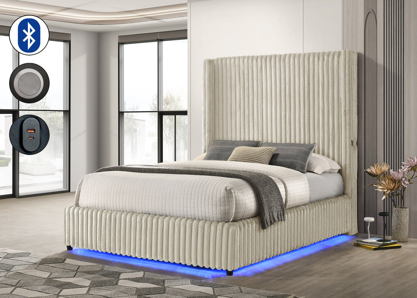Melinda Cream Corduroy Fabric LED Bedroom Set B3001