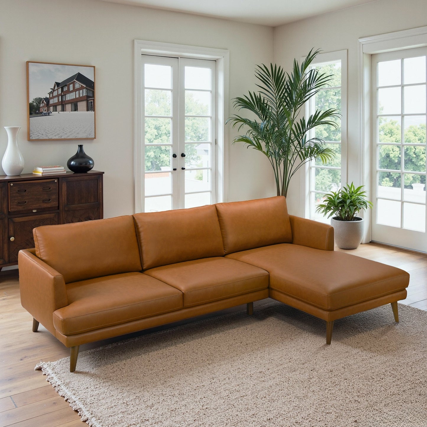 Lore L-Shaped Cognac Vegan Leather Right Sectional Sofa