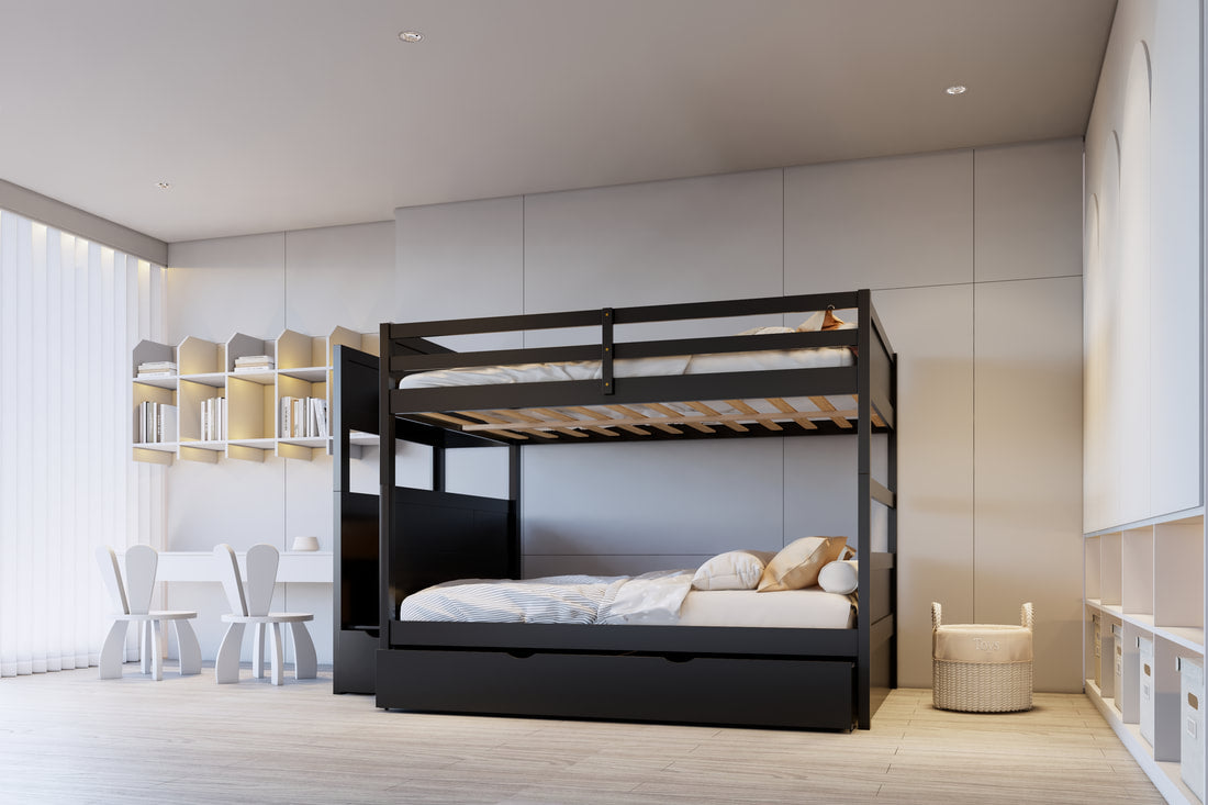 BB52 FULL/FULL Black Bunk Bed w/Twin Trundle + Staircase Storage