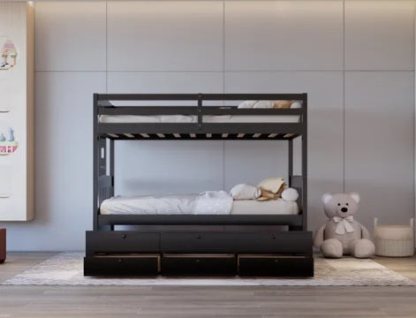 BB42 TWIN/TWIN Black Bunk Bed w/Twin Trundle + 3 Drawers