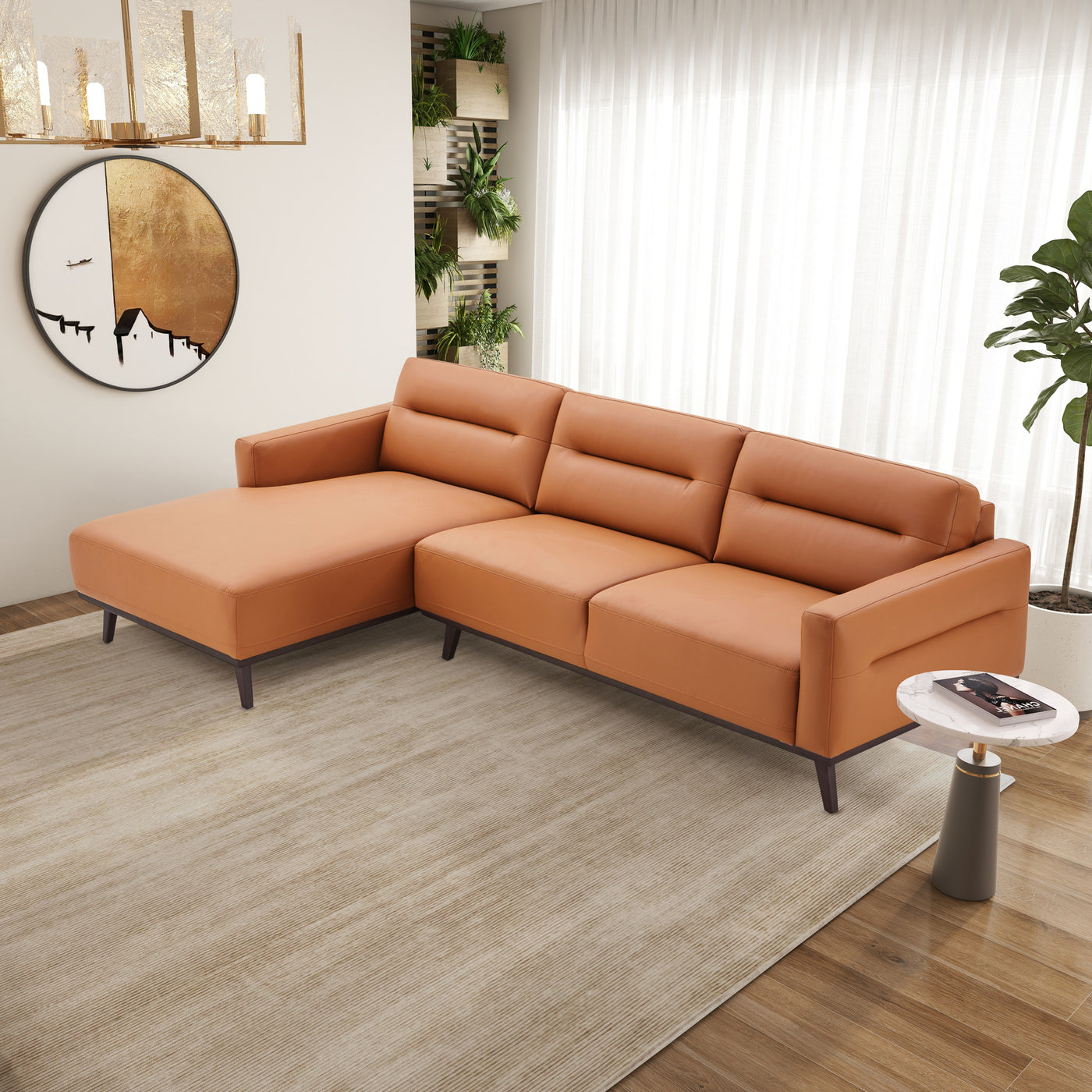 Ella 110" L-Shaped Cognac PU Leather Left Sectional