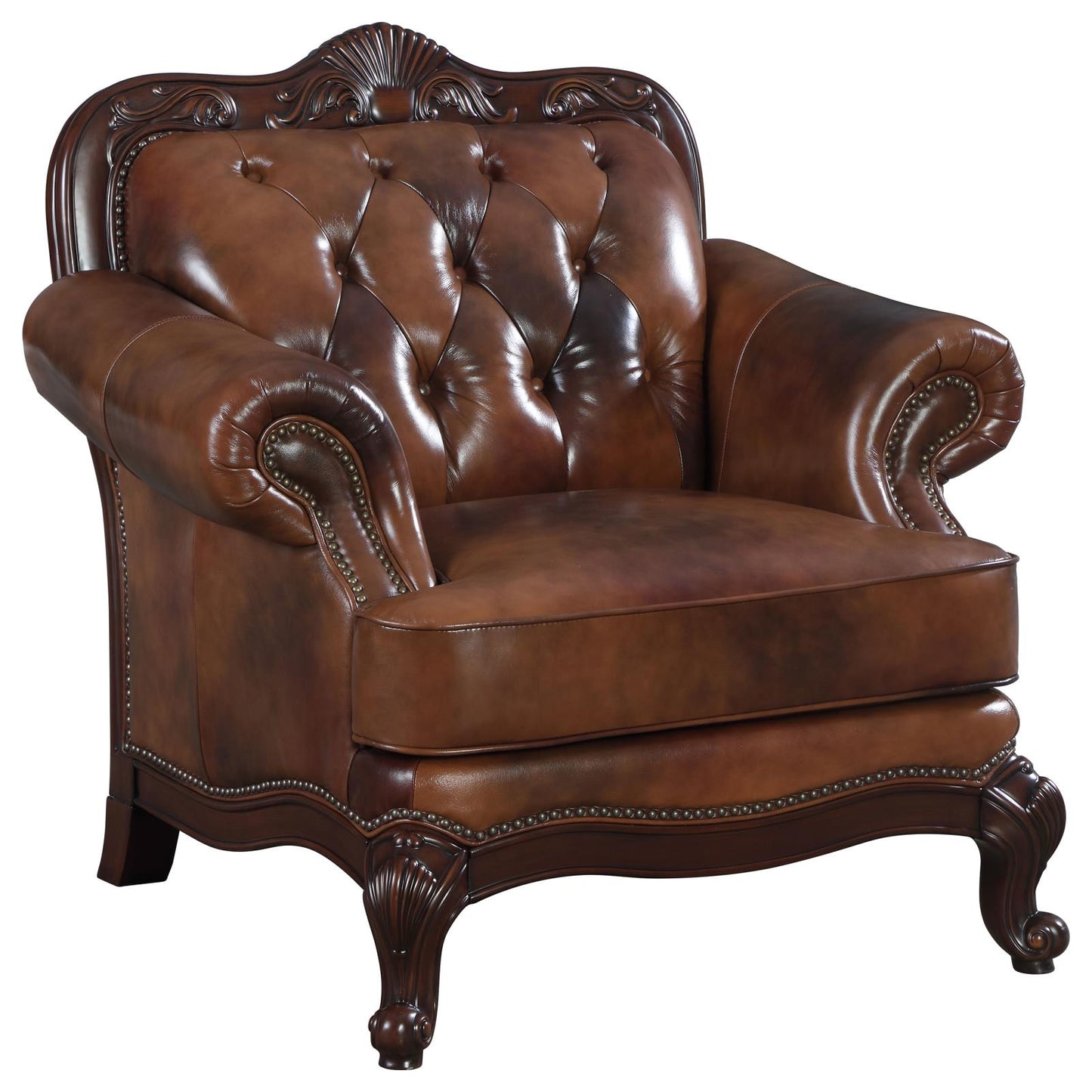 Victoria Brown Upholstered Tufted TOP GRAIN LEATHER Living Room Set 50068 981-03