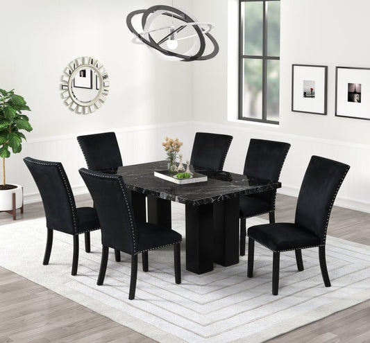 Onyx/Black Velvet 7pc Dining Room Set 1220  (FAUX MARBLE)
