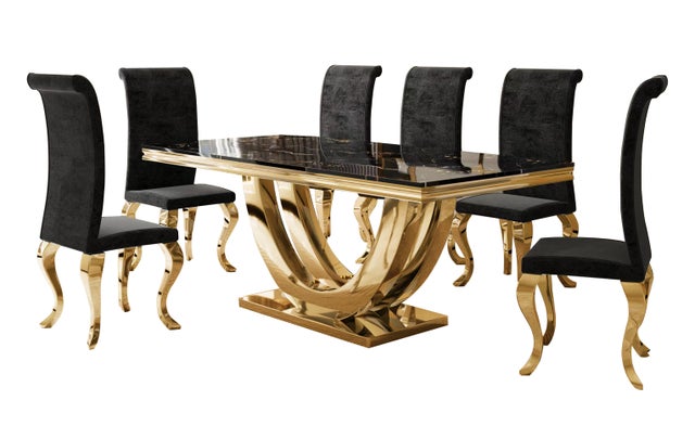 D8082 Black Velvet 7pc Dining Table Set