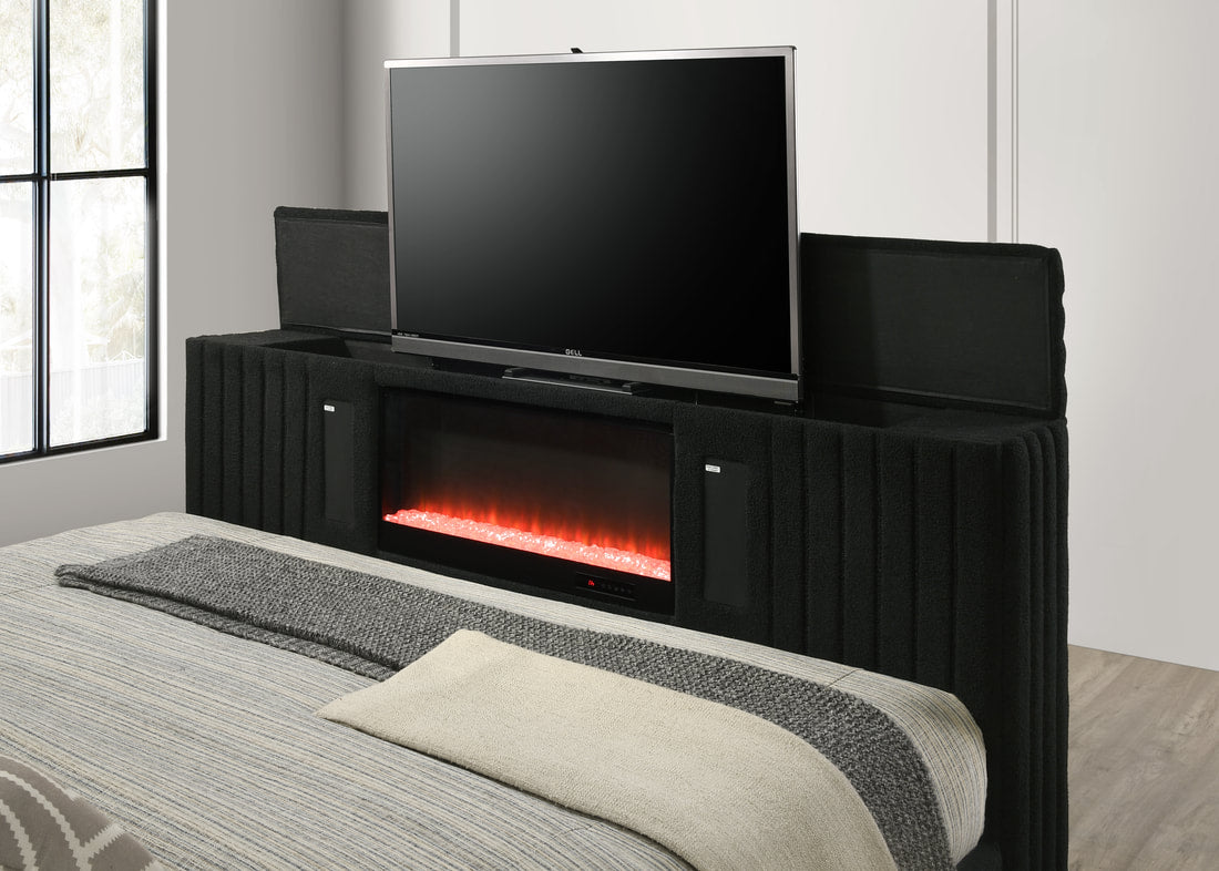 Villa Black FIREPLACE/TV STAND/LED/BLUETOOTH SPEAKERS King Platform Bed