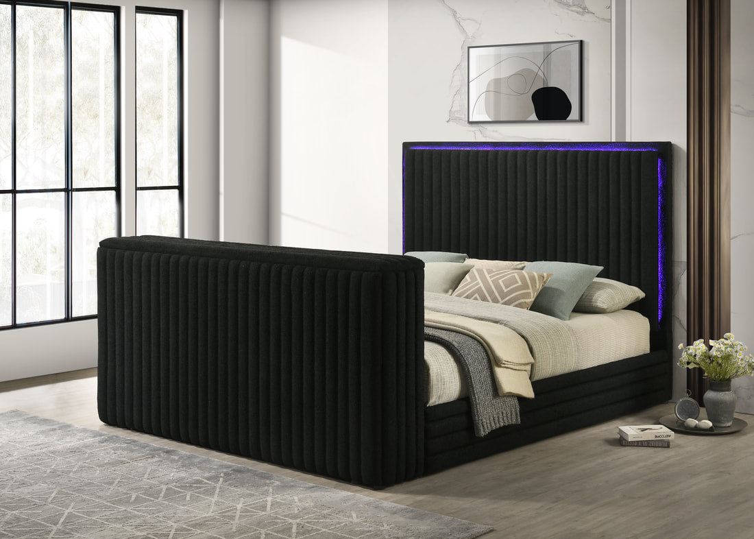 Villa Black FIREPLACE/TV STAND/LED/BLUETOOTH SPEAKERS King Platform Bed